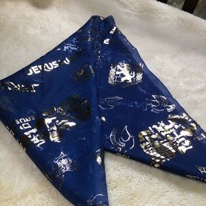Blue scarf with Jewish memorabilia.